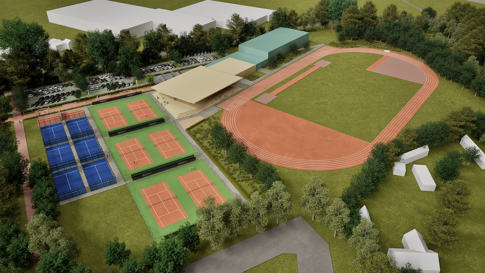 Tennisvelden, padelbanen en atletiekbaan